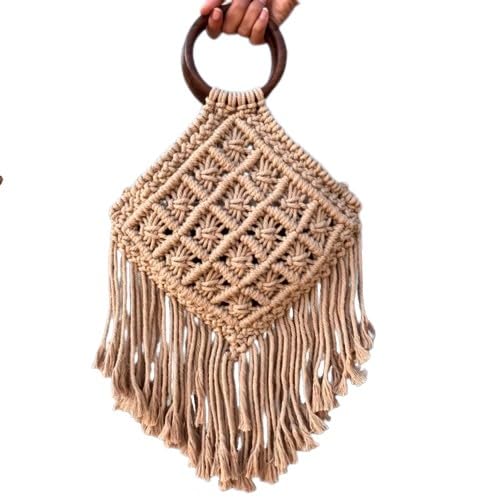 diamond shape hand bag with wooden handle macrame cotton bag beige color, gift for her